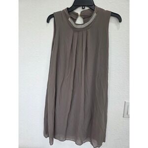 Sleeveless Embellished Neckline Pleated Shift Dress‎ Taupe Women's